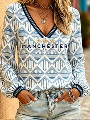 Women's Manchester Football Lover Blue City Printed Linen Tops