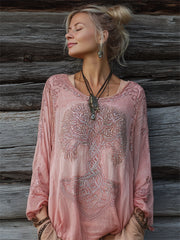 Women's Vintage Glitter Viking Tree of Life Print Comfy Cotton-Linen Shirt
