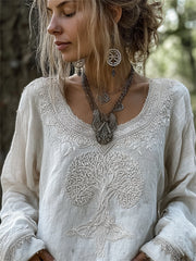 Women's Vintage Viking Tree of Life Celtic Art Print Cotton-Linen Shirt