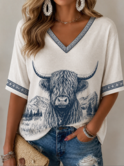 Women's Scottish Highland cow print Mid-length Sleeves V-Neck T-Shirt