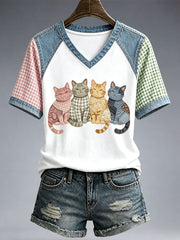 Women's Lovely Cat Patchwork Art T-Shirt