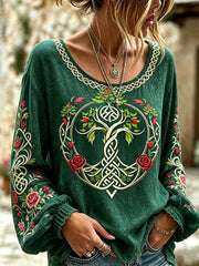 Women's Viking plant flower pattern printed casual cotton and linen shirt