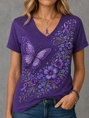 Women's Purple Floral & Butterfly Print Alzheimer's Awareness Support V-Neck Tee