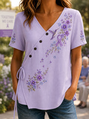 Women's Purple Floral & Hummingbird Print Alzheimer's Awareness Support V-Neck Shirt