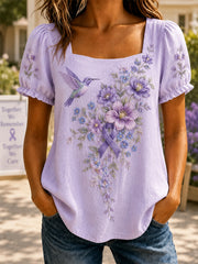 Women's Purple Floral & Hummingbird Print Alzheimer's Awareness Support Shirt