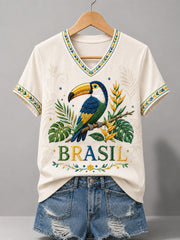 Women's Brasil Print Casual V-Neck Tee