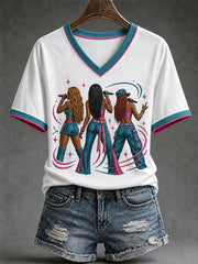 Women's Y2K UK Garage Girl Trio Print Casual V-Neck Tee