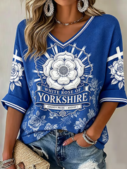 Women's England Yorkshire Day White Roses Art Printed Waffle T-shirt