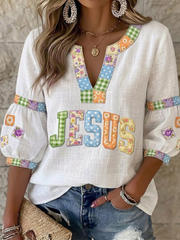 Women's Jesus Flowers Cotton-Linen Shirt