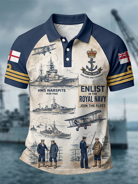 Men's Retro Royal Navy Veteran Print Casual Polo
