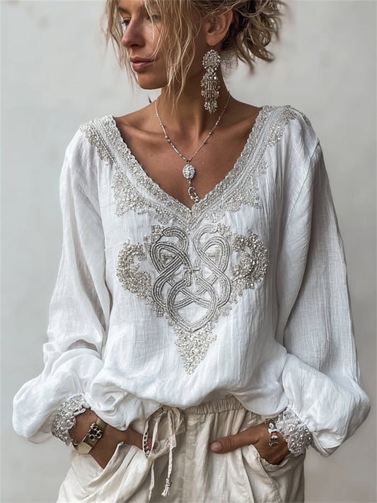 Women's Classy Viking Celtic Knot Silver Print Cotton-Linen Shirt
