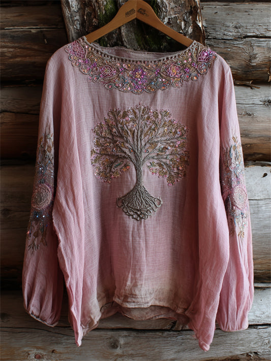 Women's Vintage Boho Viking Tree of Life Art Print Cotton-Linen Shirt