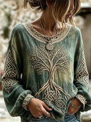 Women's Vintage Viking Tree of Life Celtic Knot Bleached Print Cotton-Linen Shirt