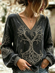 Women's Vintage Viking Tree of Life Celtic Print Cotton-Linen Shirt