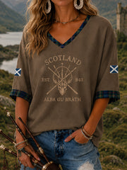 Women's Alba gu bràth Tartan Print Casual Half-Sleeve V-Neck T-Shirt