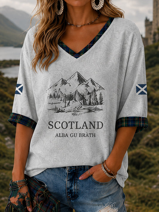 Women's Alba gu bràth Tartan Print Casual Half-Sleeve V-Neck T-Shirt