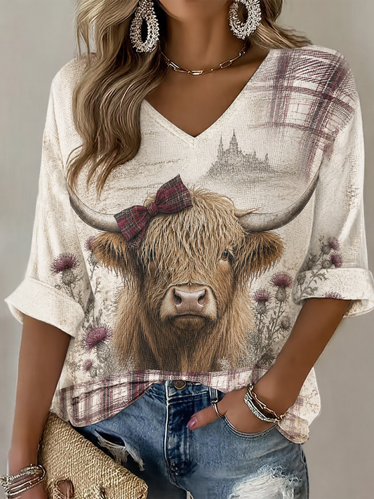 Women's Highland cow print Mid-length Sleeves V-Neck T-Shirt