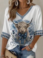 Women's Highland cow print Mid-length Sleeves V-Neck T-Shirt