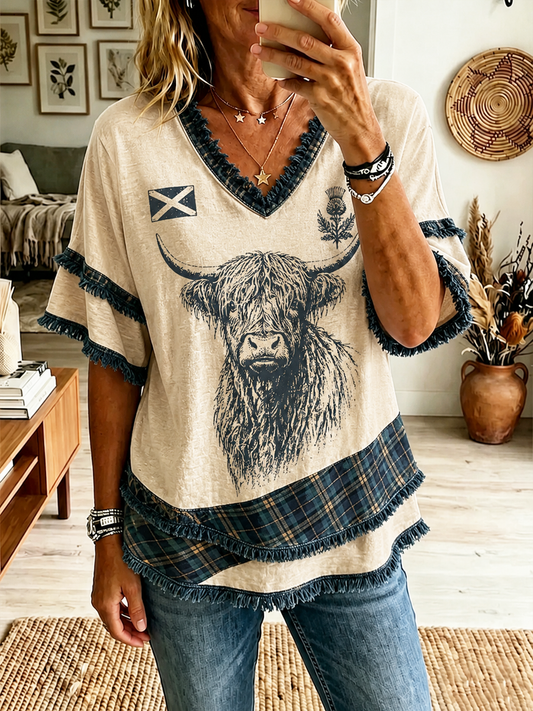 Women's Scottish Highland cow print Cotton-Linen Shirt