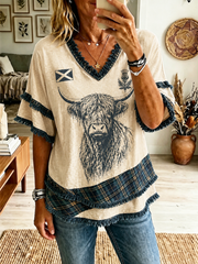 Women's Scottish Highland cow print Cotton-Linen Shirt