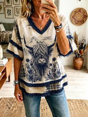 Women's Scottish Highland cow print Cotton-Linen Shirt