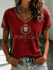 Women's Portuguese Football Printed V-neck T-shirt