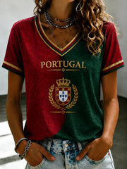 Women's Portuguese Football Printed V-neck T-shirt