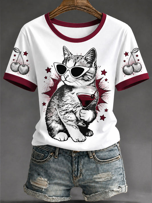 Women's Casual T-Shirt with Cat Pop Art Print