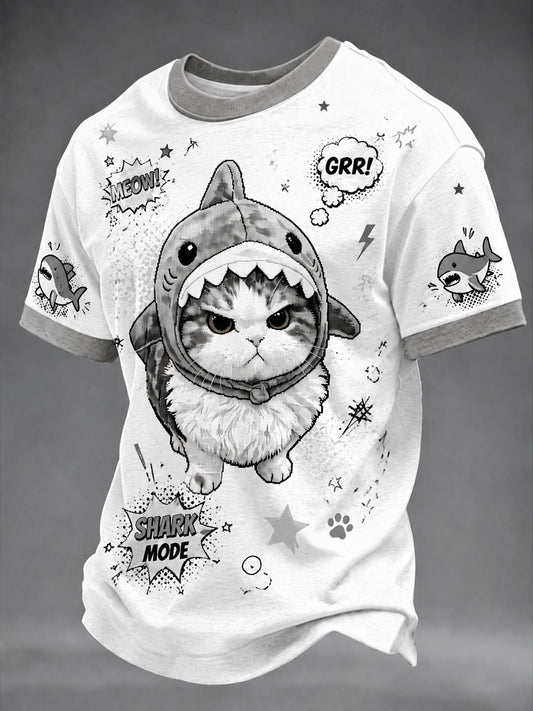 Men's Pop-Art Cat Print Casual Unisex T-Shirt