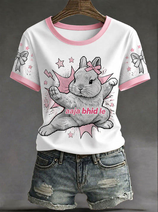 Women's Casual T-Shirt with Pop-Art Style Rabbit Print