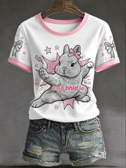 Women's Casual T-Shirt with Pop-Art Style Rabbit Print