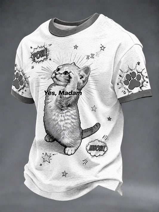 Men's Pop-Art Cat Print Casual Unisex T-Shirt