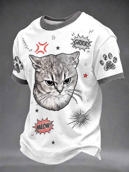 Men's Pop-Art Cat Print Casual Unisex T-Shirt