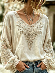 Women's Viking plant flower pattern printed casual cotton and linen shirt