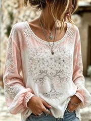 Women's plant flower Viking pattern printed casual cotton and linen shirt