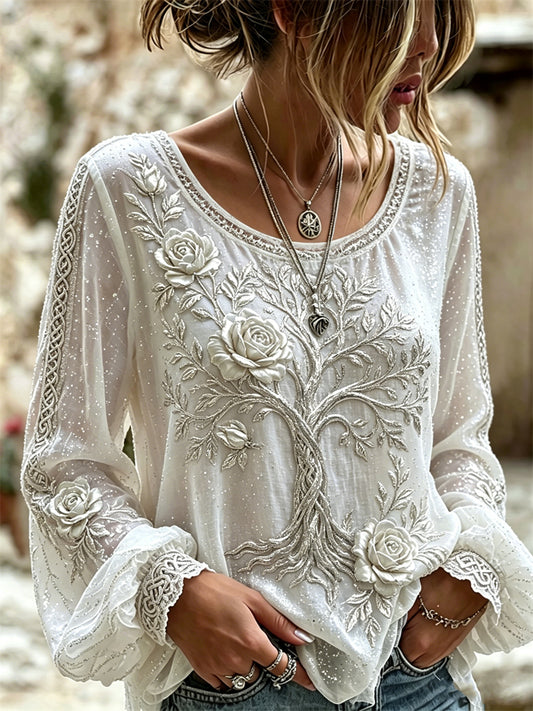 Women's Classy Roses Viking Tree of Life Celtic Knot Print Cotton-Linen Shirt