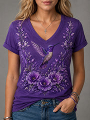 Women's Purple Floral & Hummingbird Print Alzheimer's Awareness Support V-Neck Tee