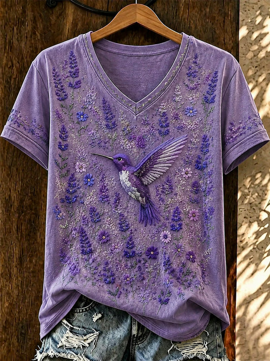 Women's Purple Flora Art Printed V-neck T-shirt