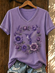 Women's Purple Flora Art Printed V-neck T-shirt