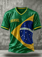 Men's  Brazil Football Fan Gift Art V-neck Short Sleeve T-shirt