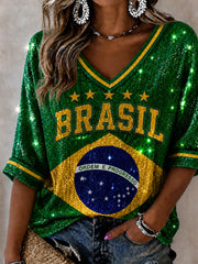 Women's Brazil Football Fan Gift Art Mid-length Sleeves V-Neck T-Shirt