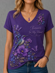 Women's Purple Floral & Hummingbird Print Alzheimer's Awareness Support V-Neck Tee