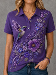Women's Purple Floral & Hummingbird Print Alzheimer's Awareness Support Polo