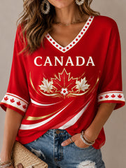 Women's Canada Print Casual Half-Sleeves V-Neck T-Shirt