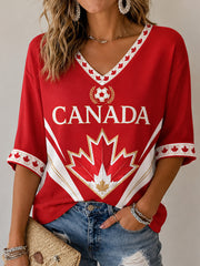 Women's Canada Print Casual Half-Sleeves V-Neck T-Shirt