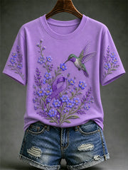 Women's Purple Floral & Hummingbird Print Alzheimer's Awareness Support Tee