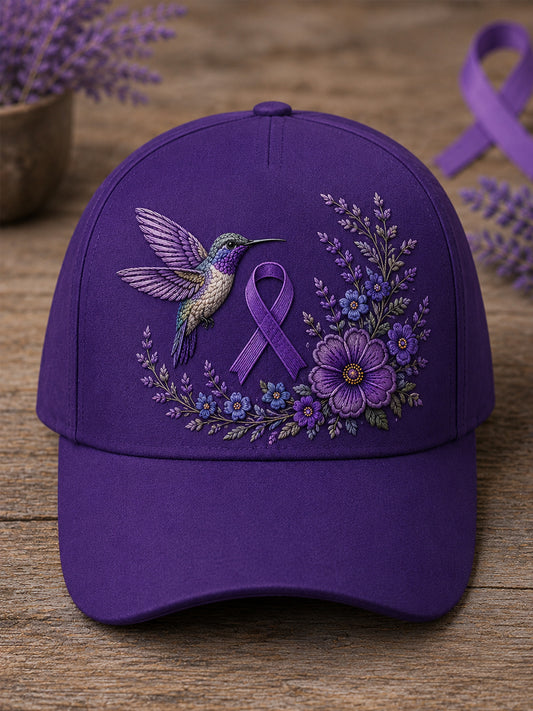 Unisex Purple Floral & Hummingbird Print Alzheimer's Awareness Support Hat