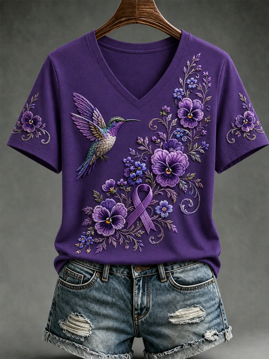 Women's Purple Floral & Hummingbird Print Alzheimer's Awareness Support V-Neck Short Sleeve T-shirt
