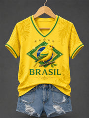 Women's Brasil Print Casual V-Neck Tee