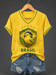 Women's Brasil Print Casual V-Neck Tee